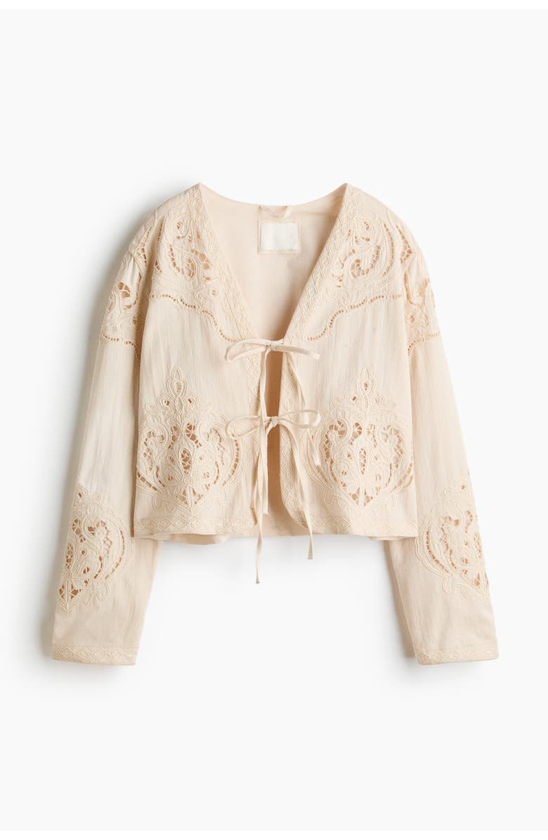 H&M Linen-blend eyelet-embroidered jacket, Alternate, color, Light Beige