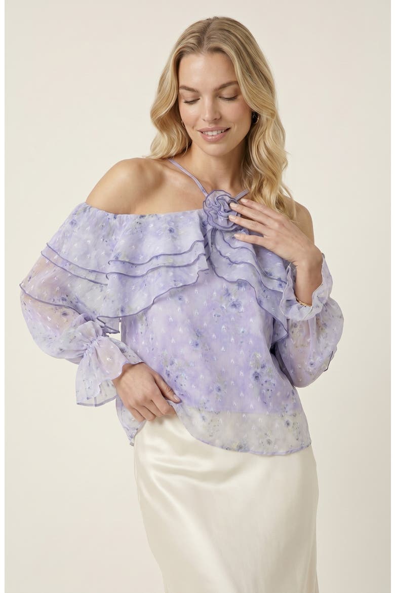 Sheer Floral Ruffle Top with Rosette Neck, Main, color, Lavender Floral