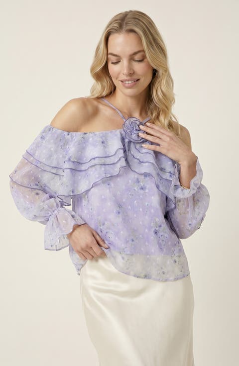Sheer Floral Ruffle Top with Rosette Neck