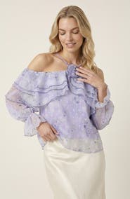 Modenaire Sheer Floral Ruffle Top with Rosette Neck