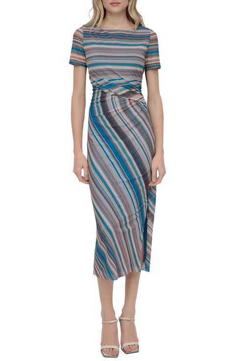Stripe Mesh Midi Sheath Dress