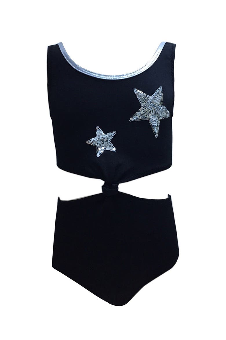 Sequin Star Knot-Front Cutout One-Piece Swimsuit,, Main, color, Black
