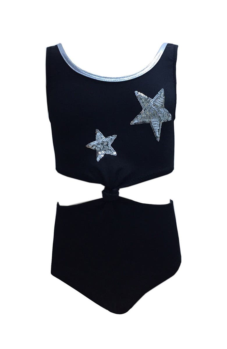 NESSI BYRD Sequin Star Knot-Front Cutout One-Piece Swimsuit,, Main, color, Black