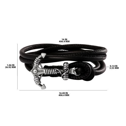Lucky Brand Black Leather Anchor Wrap Bracelet With Adjustable Fit In Black