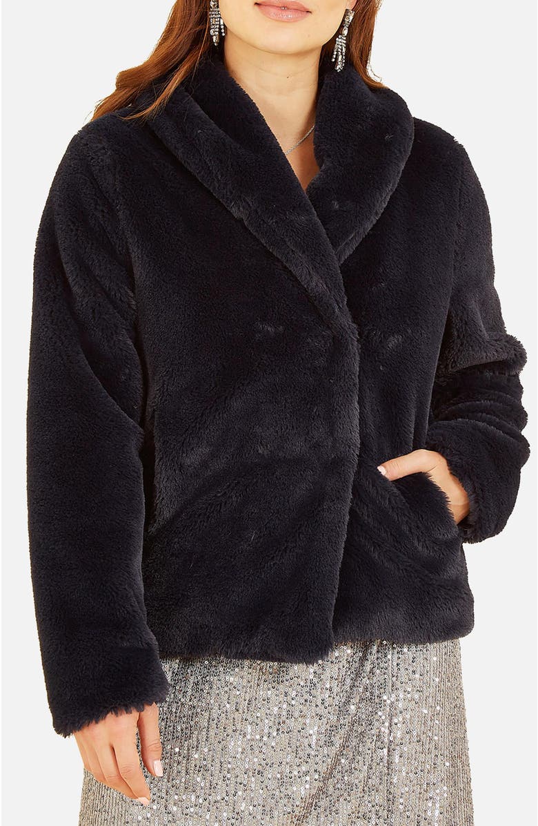 Yumi Short Wrap Faux Fur Coat, Alternate, color, Black