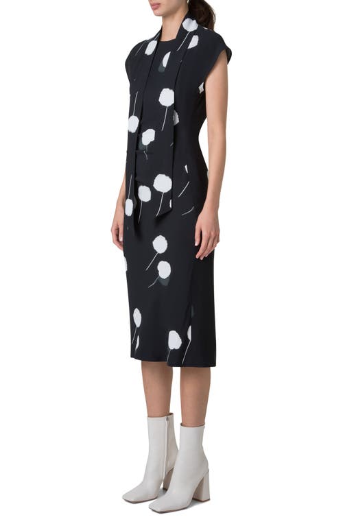 Akris Windflower-print Cap-sleeve Crepe Midi Dress With Detachable Bow In Black-ecru