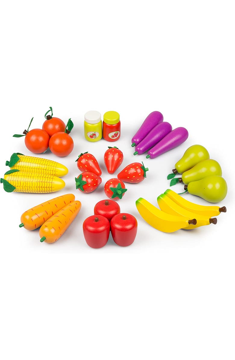 SVAN Wooden Farmers Market Stand Toy- 30+ Food Pcs w Chalkboard & Cash Register- Pretend Role Play, Alternate, color, Red