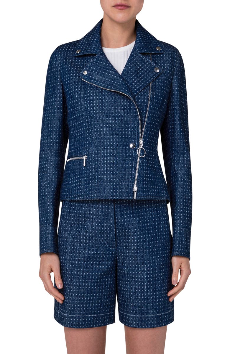 Akris punto Asymmetric Pin Dot Denim Biker Jacket, Main, color,
