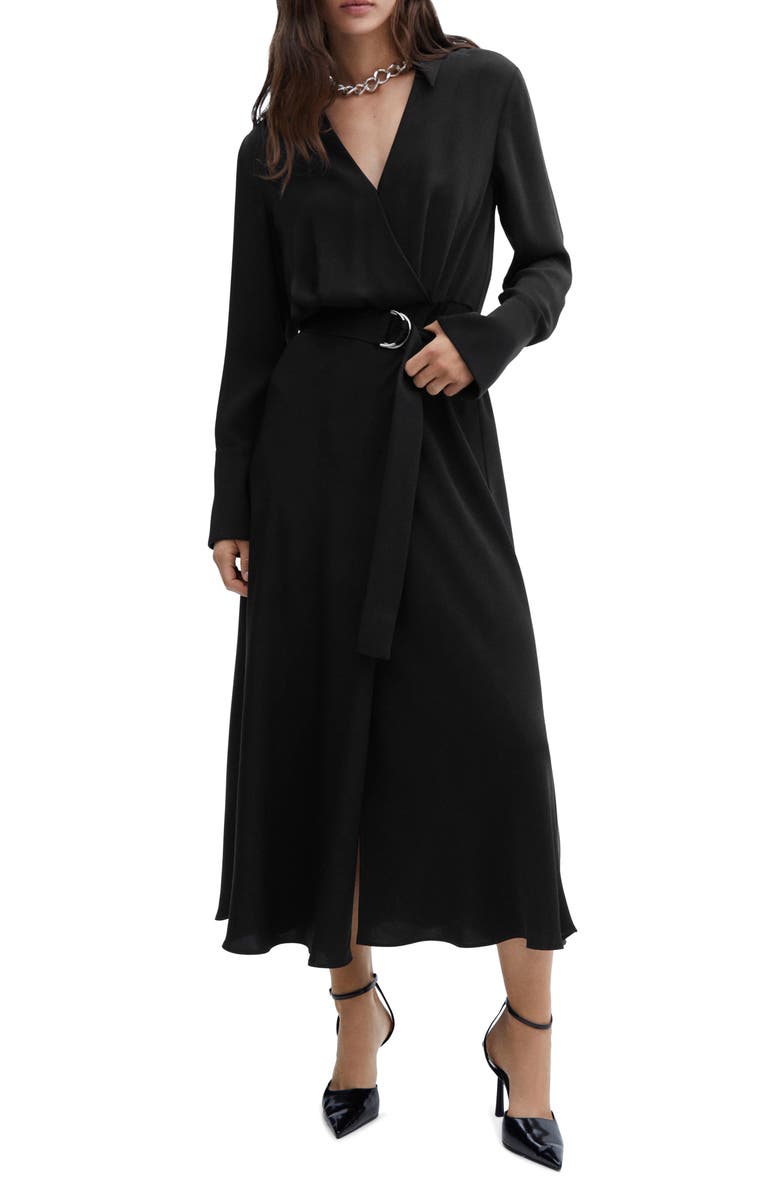 MANGO Long Sleeve Wrap Maxi Shirtdress, Main, color, 