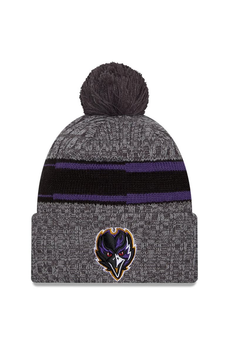 New Era Men's New Era  Gray Baltimore Ravens 2023 Sideline Sport Cuffed Pom Knit Hat, Main, color, 