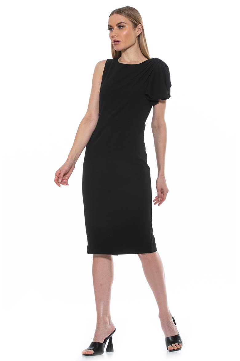 Draped Sheath Midi Dress, Alternate, color, BLACK