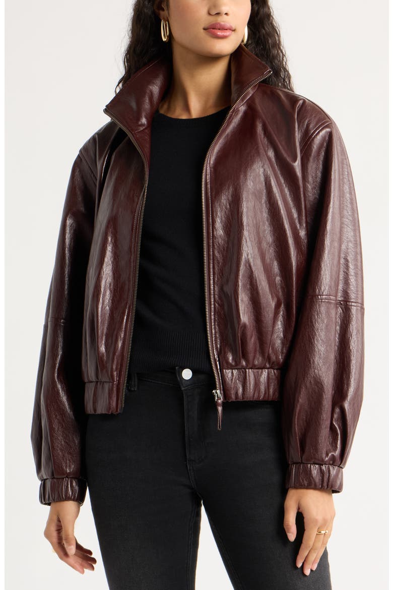 Faux Leather Funnel Neck Jacket, Alternate, color, BURGUNDY BANNER