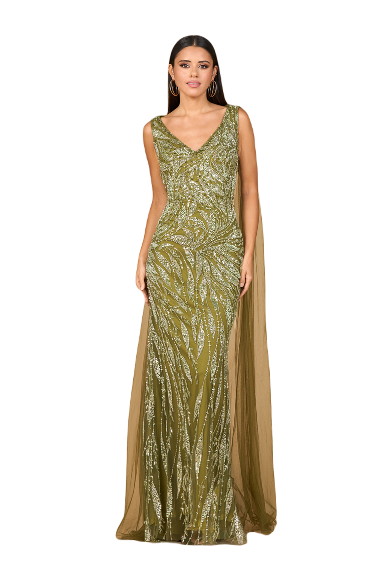 V-Neck Gown with Long Cape Sleeves, Main, color, Olive