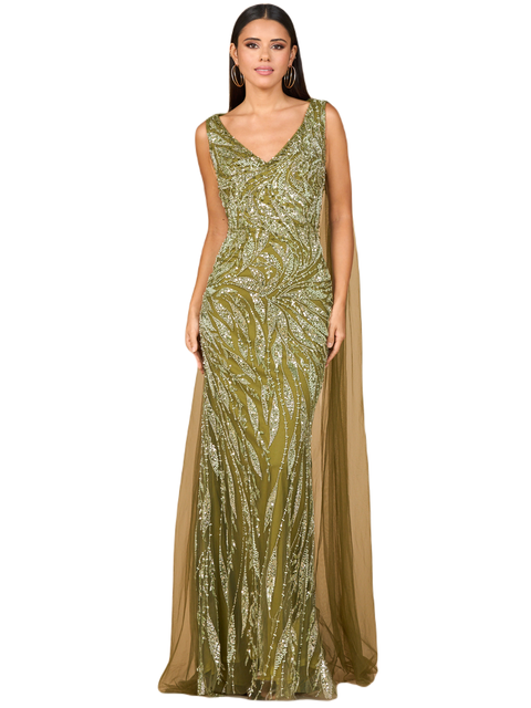 V-Neck Gown with Long Cape Sleeves