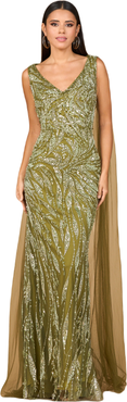LARA New York V-Neck Gown with Long Cape Sleeves