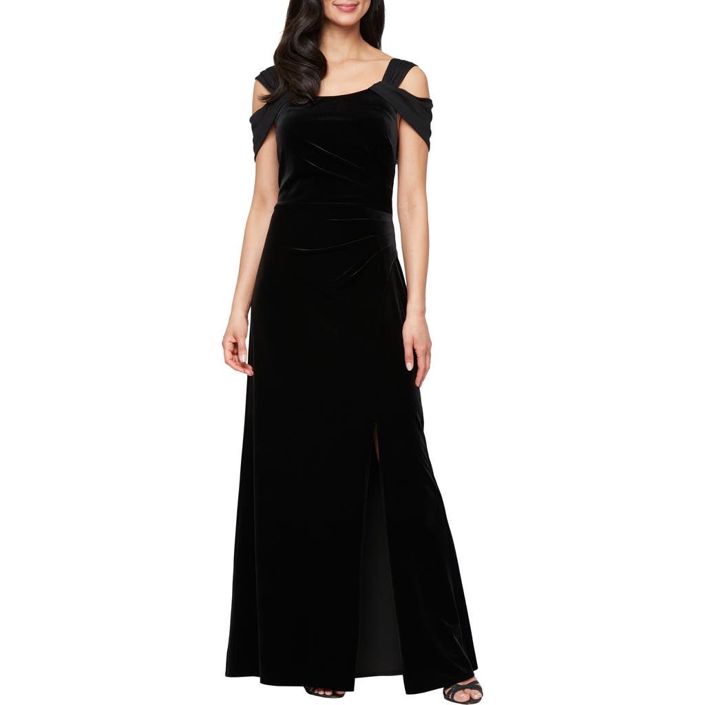 Alex Evenings Cold Shoulder Velvet Gown In Black