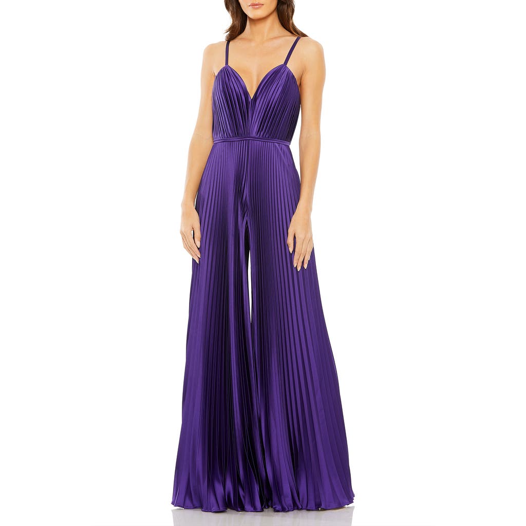 Mac Duggal Pleated Plunge Neck Wide Leg Jumpsuit In Purple