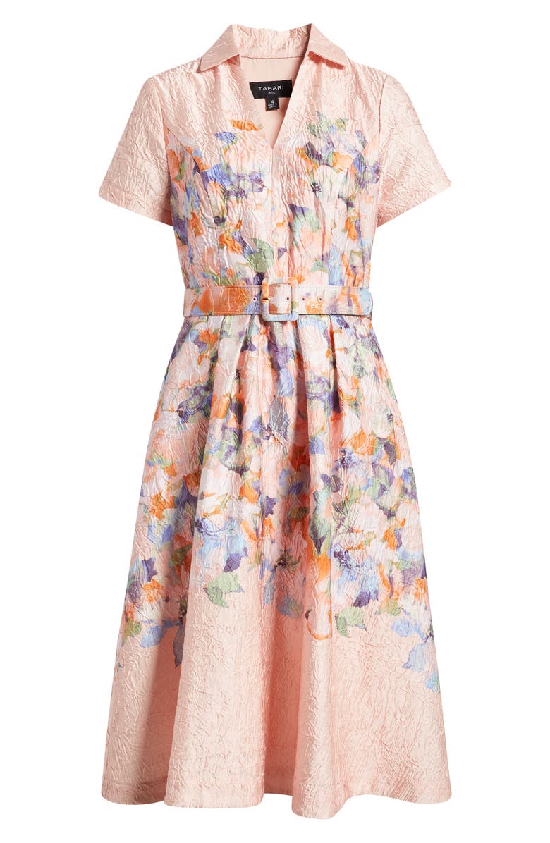 Tahari ASL Print Crinkle Belted Fit & Flare Dress, Alternate, color, Apricot Floral