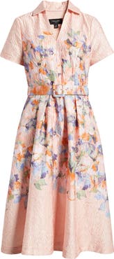 Tahari ASL Print Crinkle Belted Fit & Flare Dress
