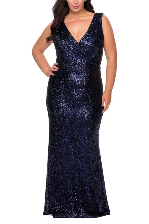 La Femme Sequin V-neck Trumpet Gown In Navy