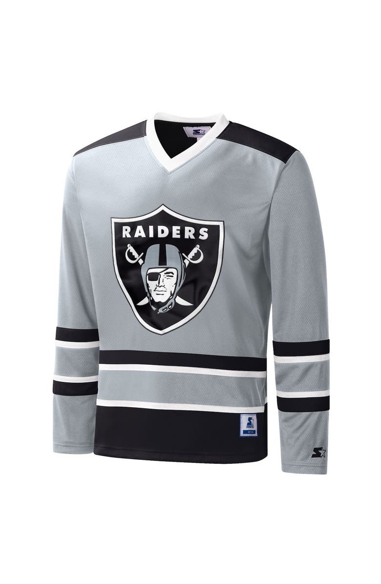 STARTER Men's Starter Silver Las Vegas Raiders Cross-Check V-Neck Long Sleeve T-Shirt, Alternate, color, Silver