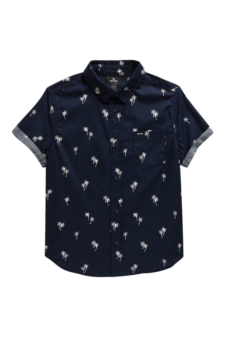 Kids' Paradise Palms Short Sleeve Cotton Button-Up Shirt, Main, color, NAVY