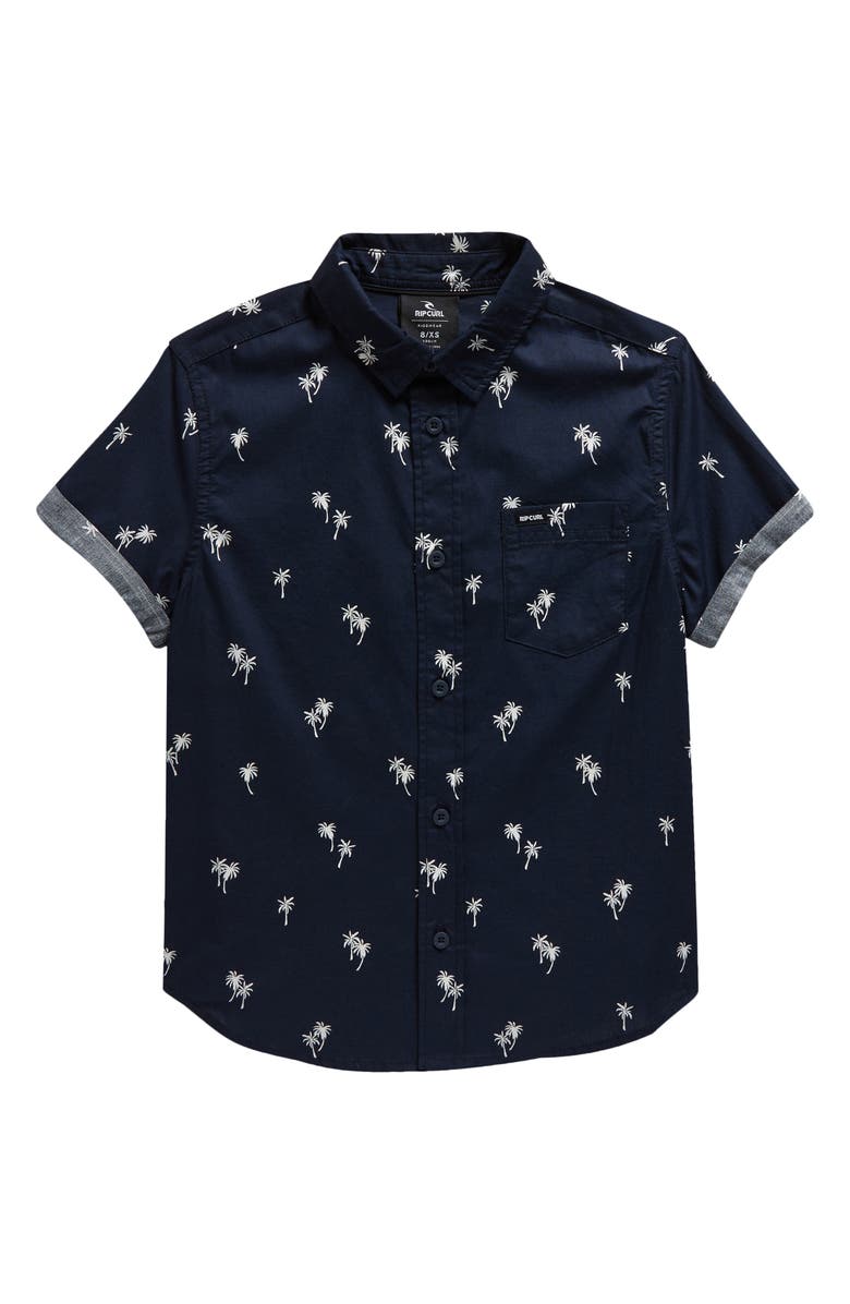 Rip Curl Kids' Paradise Palms Short Sleeve Cotton Button-Up Shirt, Main, color, Navy