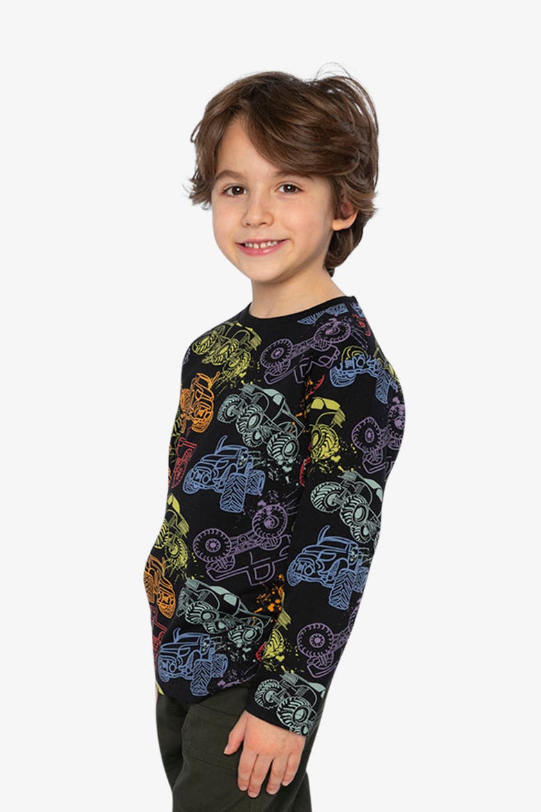 Organic Cotton Monster Truck Graphic Long Sleeve T-Shirt, Alternate, color, Black Monster Truck Print