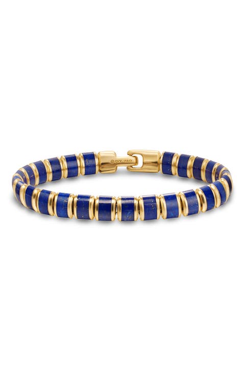 Men's Spiritual Beads Flat Bead Bracelet in 18K Yellow Gold with Lapis, 8mm