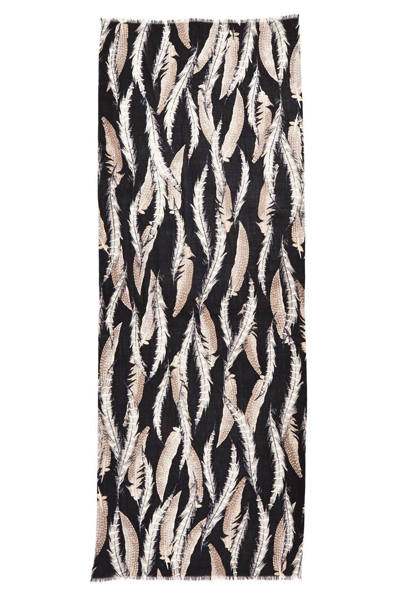 'Quill Challis' Feather Print Wool Scarf, Alternate, color, BLACK COMBO