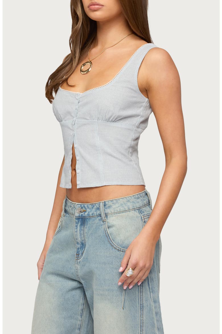 Katiya Pinstripe Crop Cotton & Linen Button-Up Top, Alternate, color, BLUE-AND-WHITE