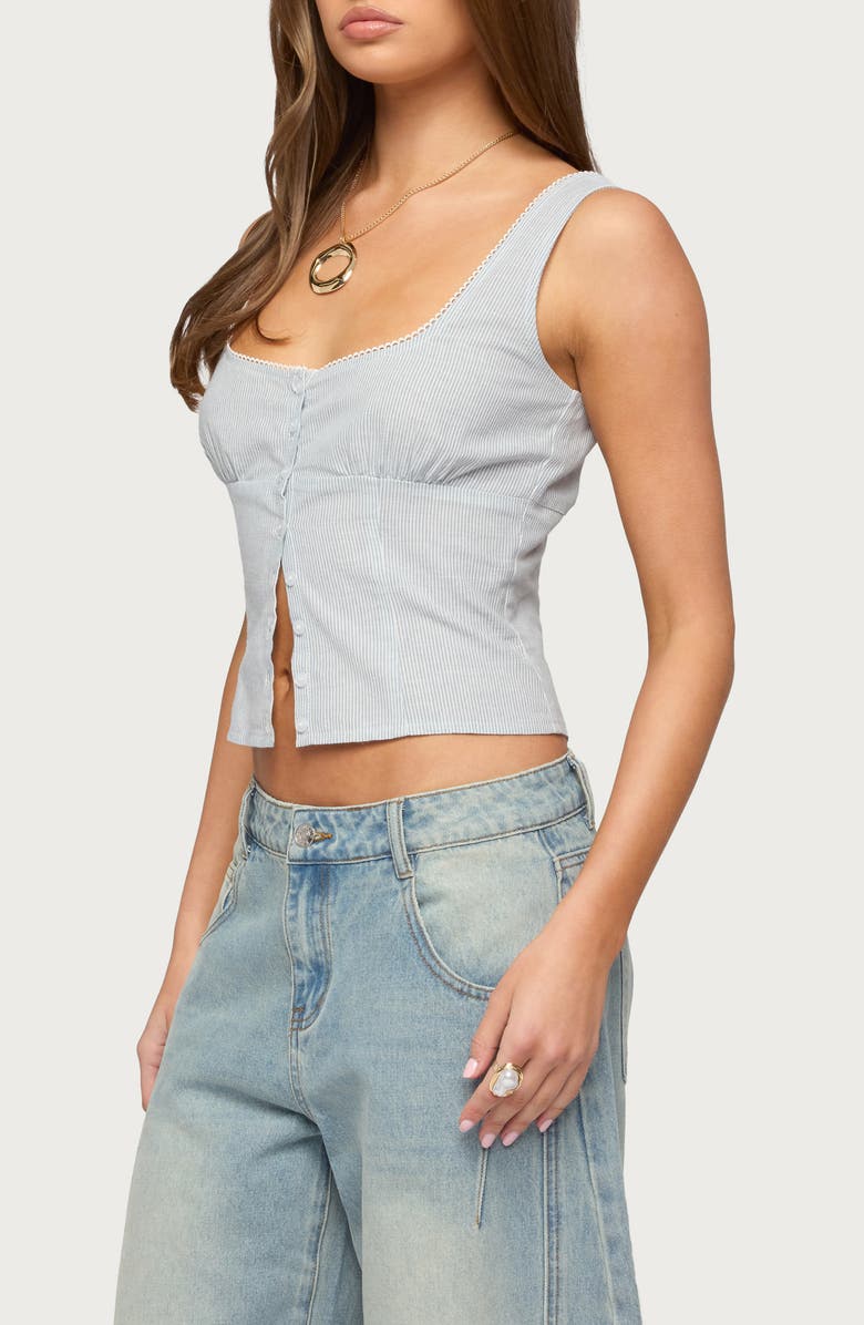 EDIKTED Katiya Pinstripe Crop Cotton & Linen Button-Up Top, Alternate, color, 