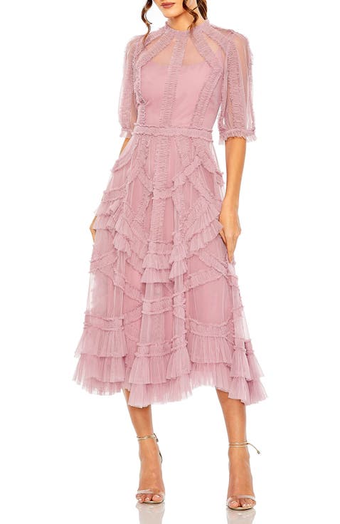High Neck Puff Sleeve Ruffle Tiered Dress