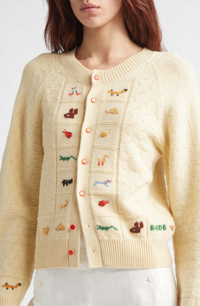 Bode Zoologist Embroidered Merino Wool & Alpaca Cardigan, Alternate, color, Cream