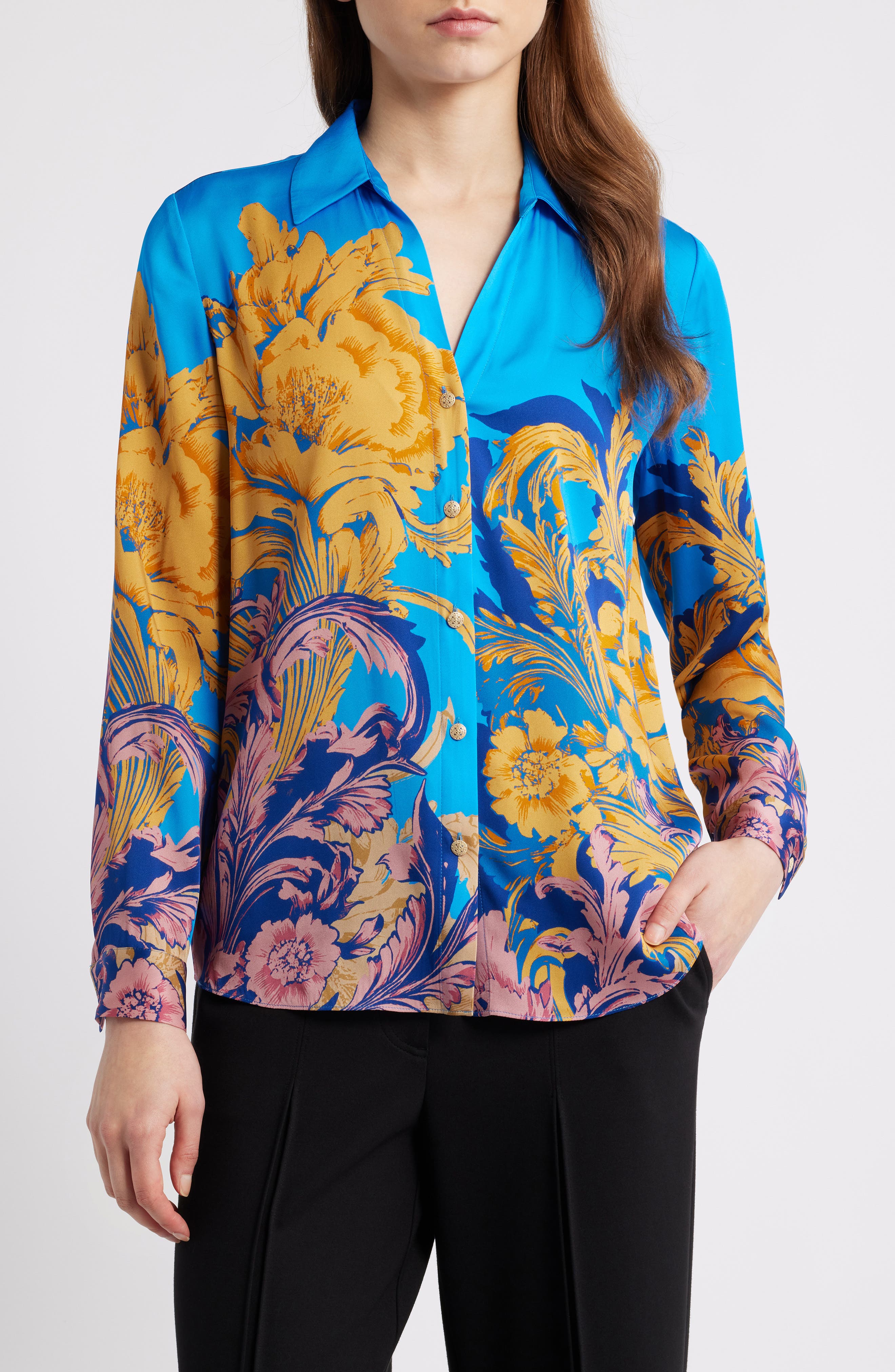 The Madeline Placed Floral Stretch Silk Button-Up Shirt