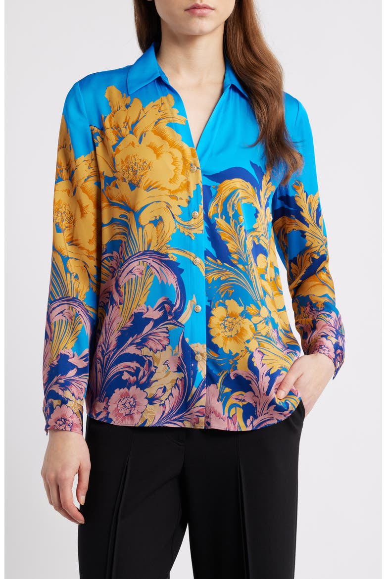 The Madeline Placed Floral Stretch Silk Button-Up Shirt, Main, color, RIBBON SCROLL PRINT