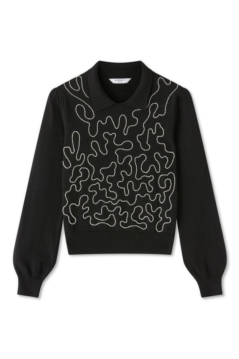 Judy Embellished Cotton & Merino Wool Collared Sweater, Alternate, color, BLACK CREAM
