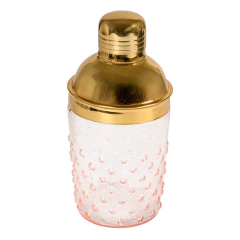 Hand-Blown Glass and Stainless Steel Hobnail Cocktail Shaker, Pink and Gold