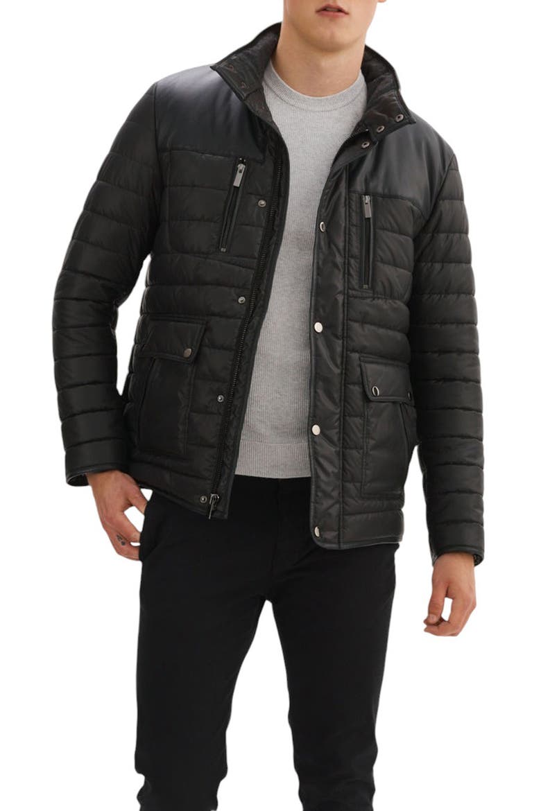 Leather Trim Channel Quilt Jacket, Main, color, BLACK
