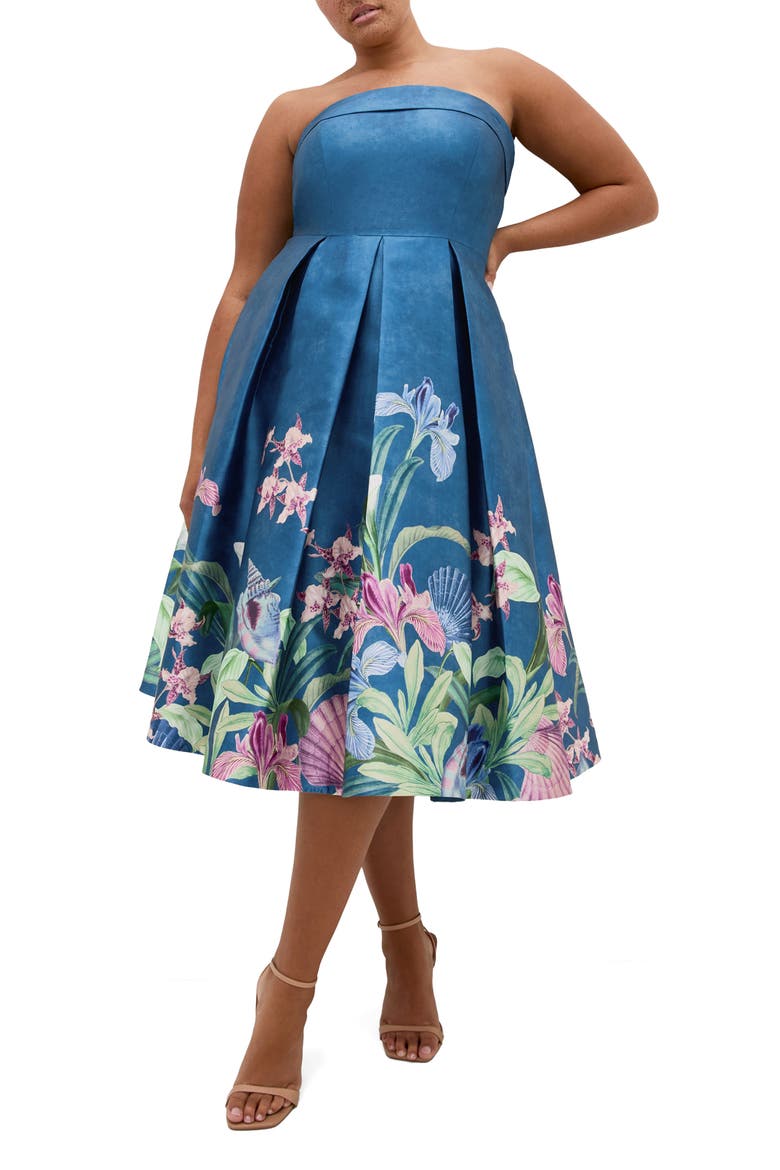 Tiffany Bloom Strapless Fit & Flare Dress, Main, color, SEA ART
