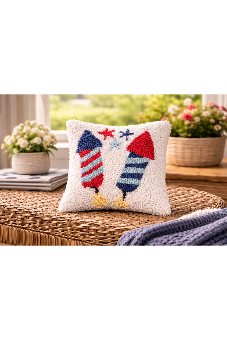 Patriotic Stars & Rocket Fireworks Hooked Mini Accent Pillow, 8" x 8", Alternate, color, White