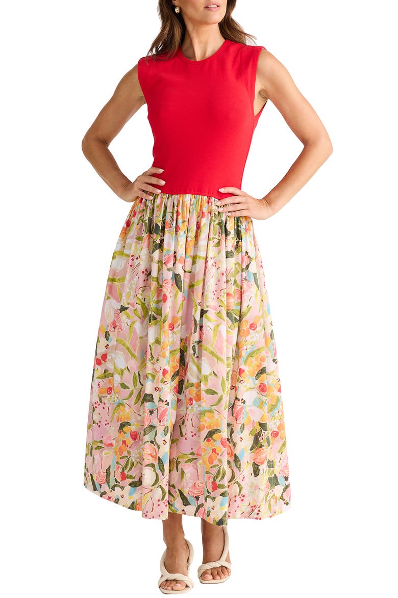 Daphne Floral Mixed Media Midi Dress, Main, color, ZOES GARDEN W RED