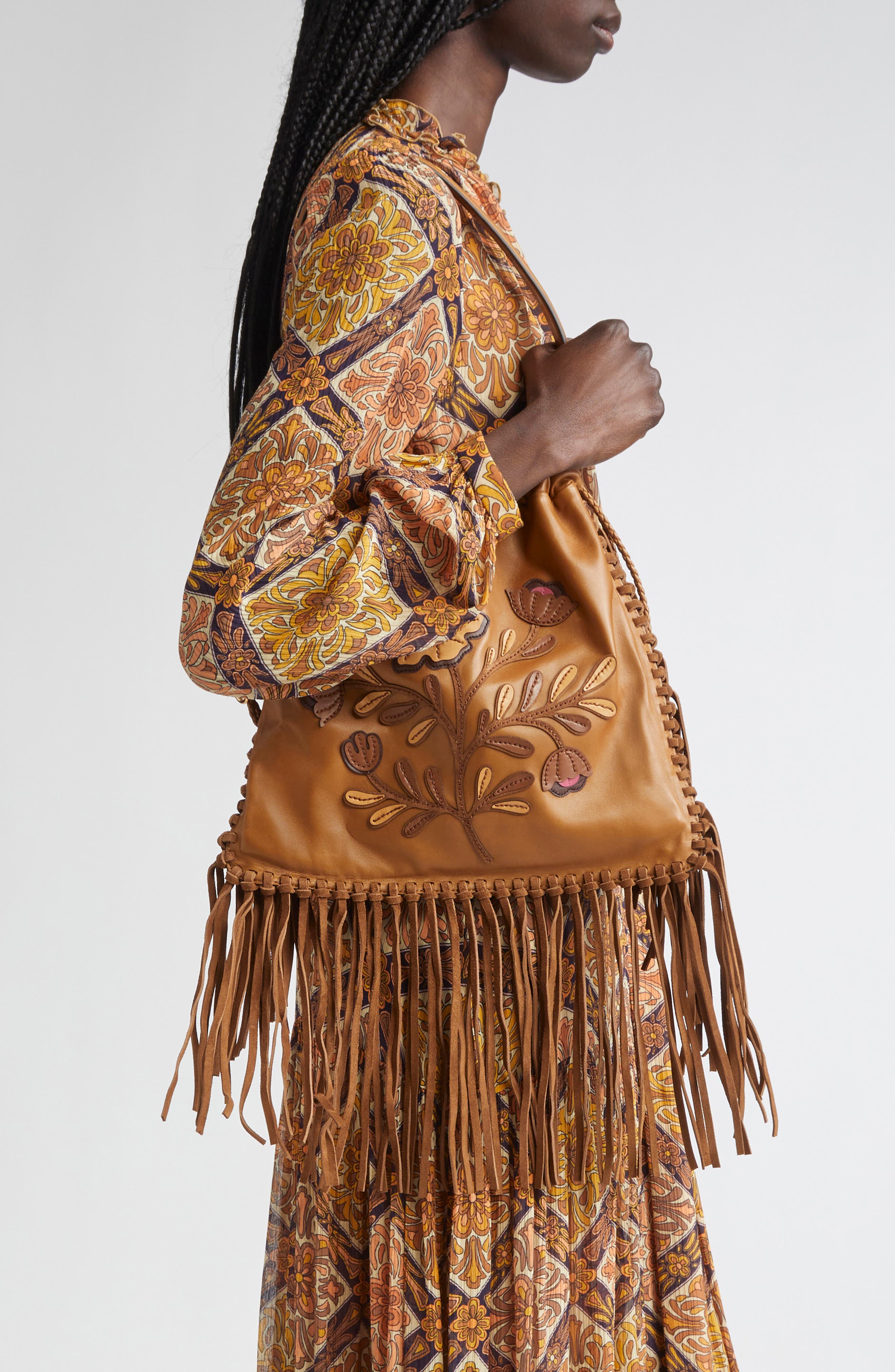 Etro Kalispera Embroidered Fringe Leather Shoulder Bag, Alternate, color, 