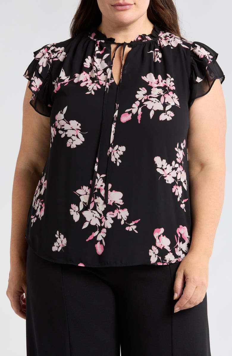 Anne Klein Floral Ruffle Sleeve Tie Neck Top, Main, color, 