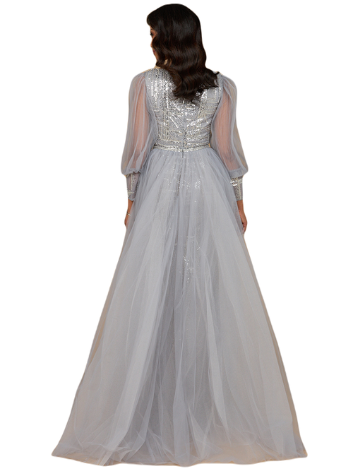 Lara New York Long Sleeve Lace Gown With Removable Over Skirt In Silver