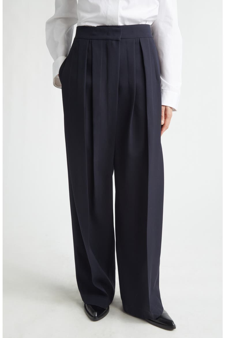 Irregular Pleated Wool Gabardine Trousers, Main, color, NAVY