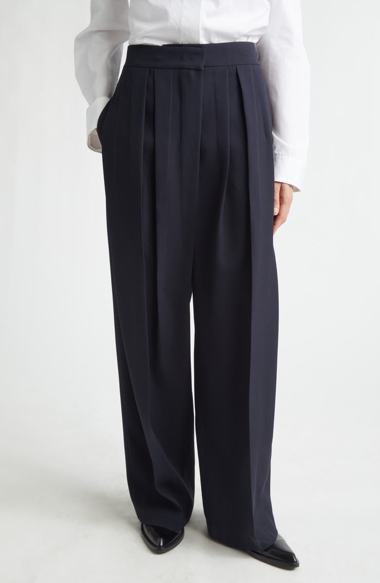 Jil Sander Irregular Pleated Wool Gabardine Trousers, Main, color, Navy