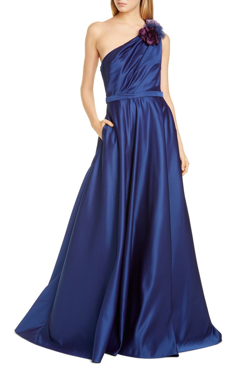 Marchesa Notte One-Shoulder Satin Ballgown, Main, color, 