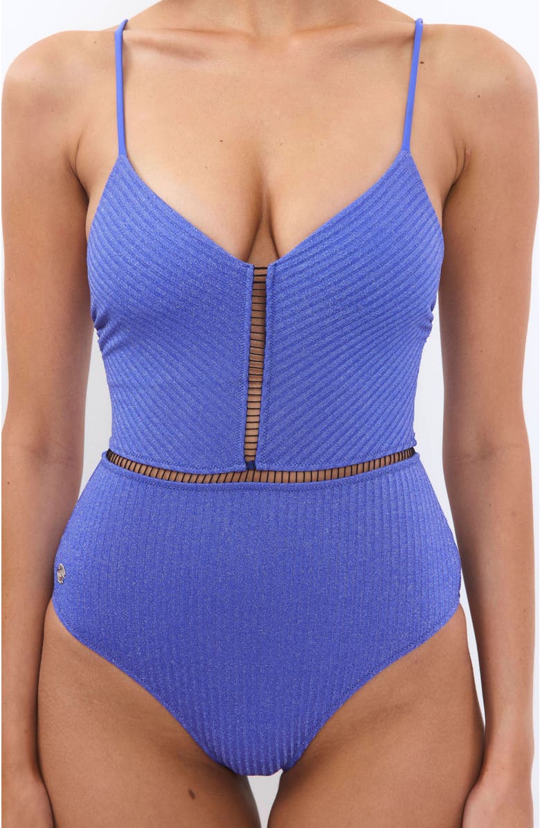 Biliblond Kim Rib Lurex Onepiece Swimsuit, Main, color, Blue Rib Lurex