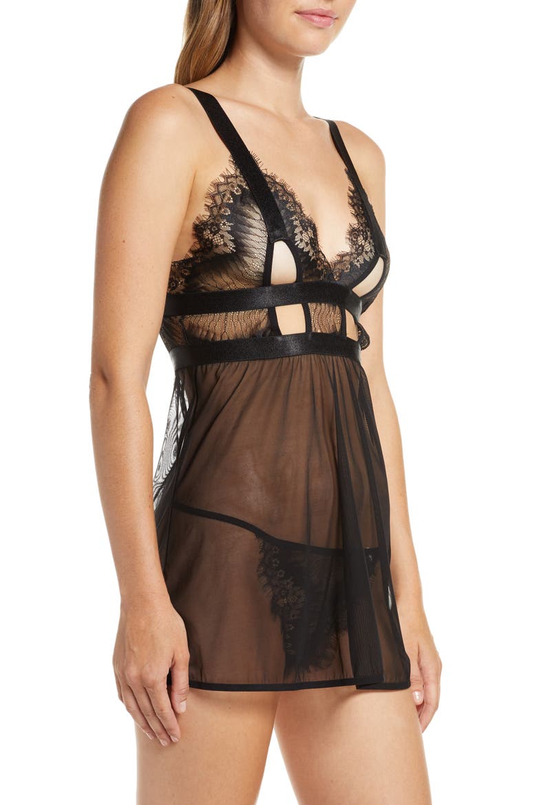 Janet Babydoll Chemise & G-String Thong, Alternate, color, BLACK